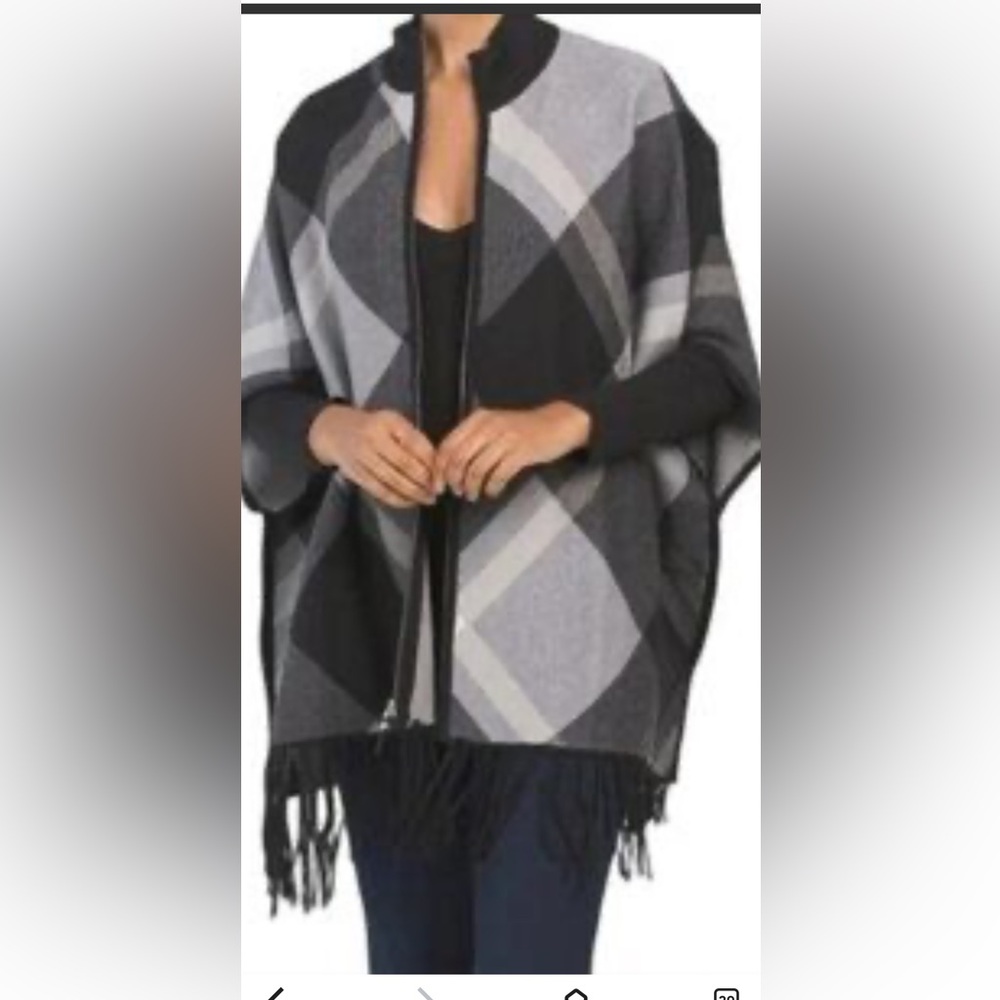 Rachel Zoe Charcoal and Light Gray Check Cape fall festival plaid warm,